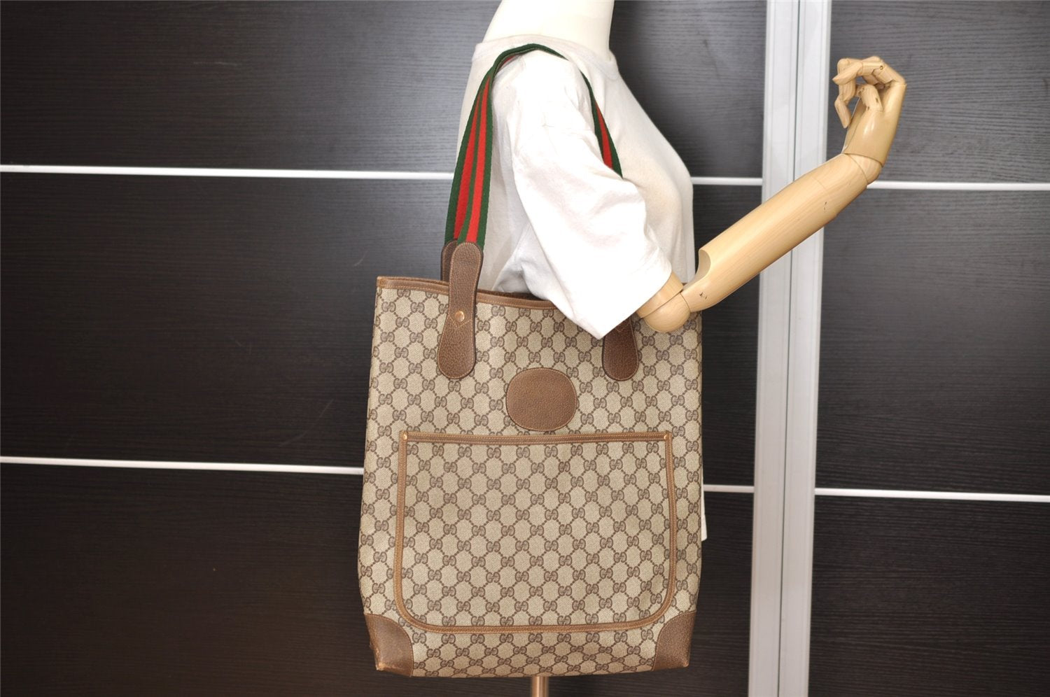 Authentic GUCCI Web Sherry Line Shoulder Tote Bag GG PVC Leather Brown 1539J