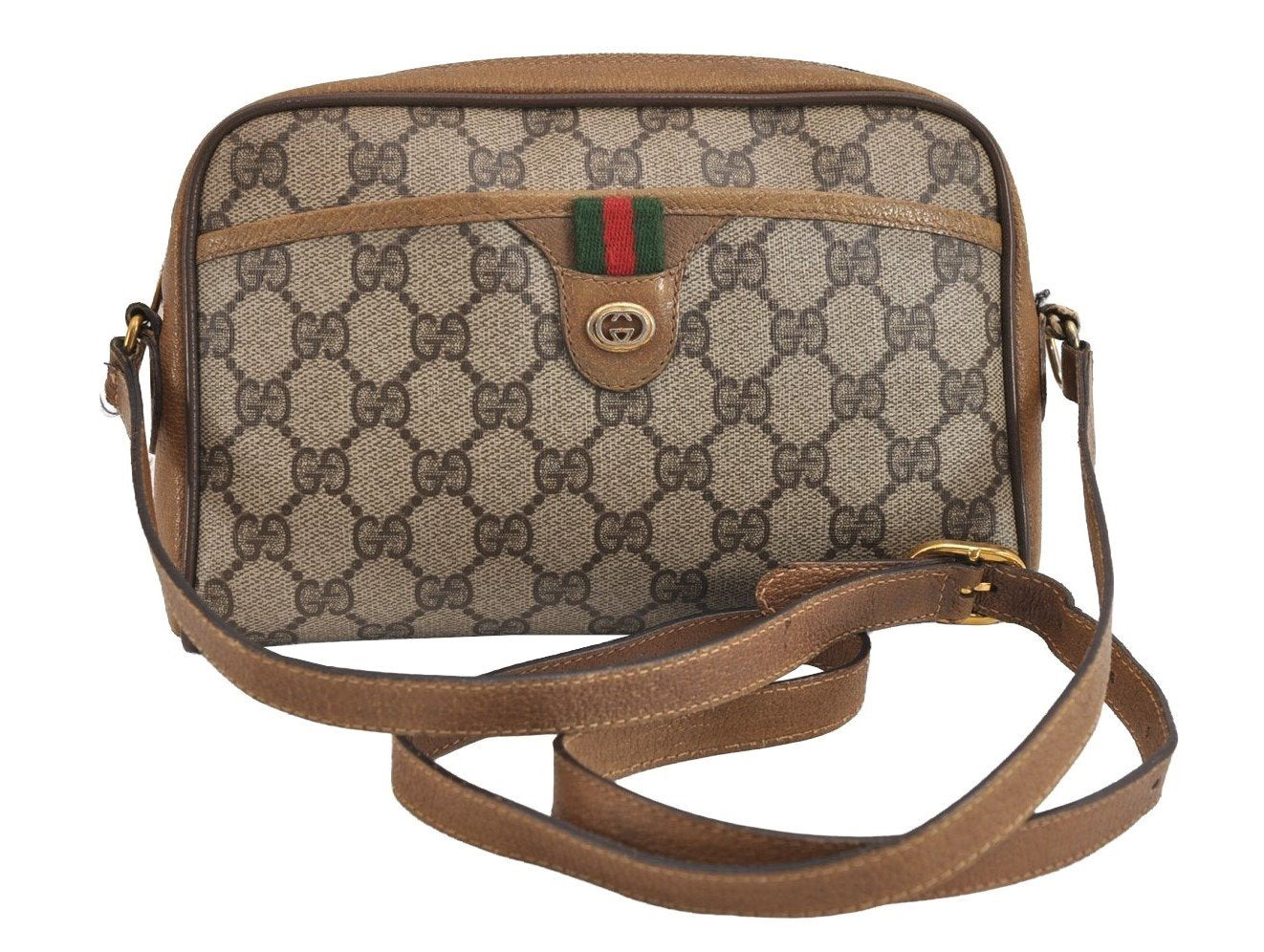 Authentic GUCCI Web Sherry Line Shoulder Cross Bag GG PVC Leather Brown 1541J
