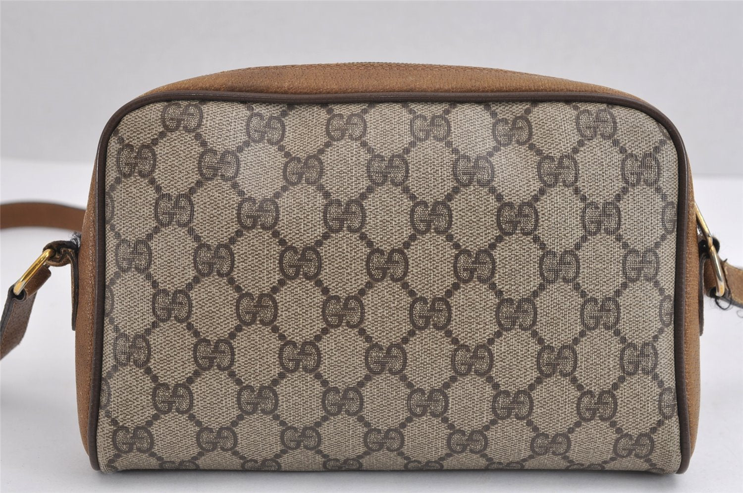 Authentic GUCCI Web Sherry Line Shoulder Cross Bag GG PVC Leather Brown 1541J