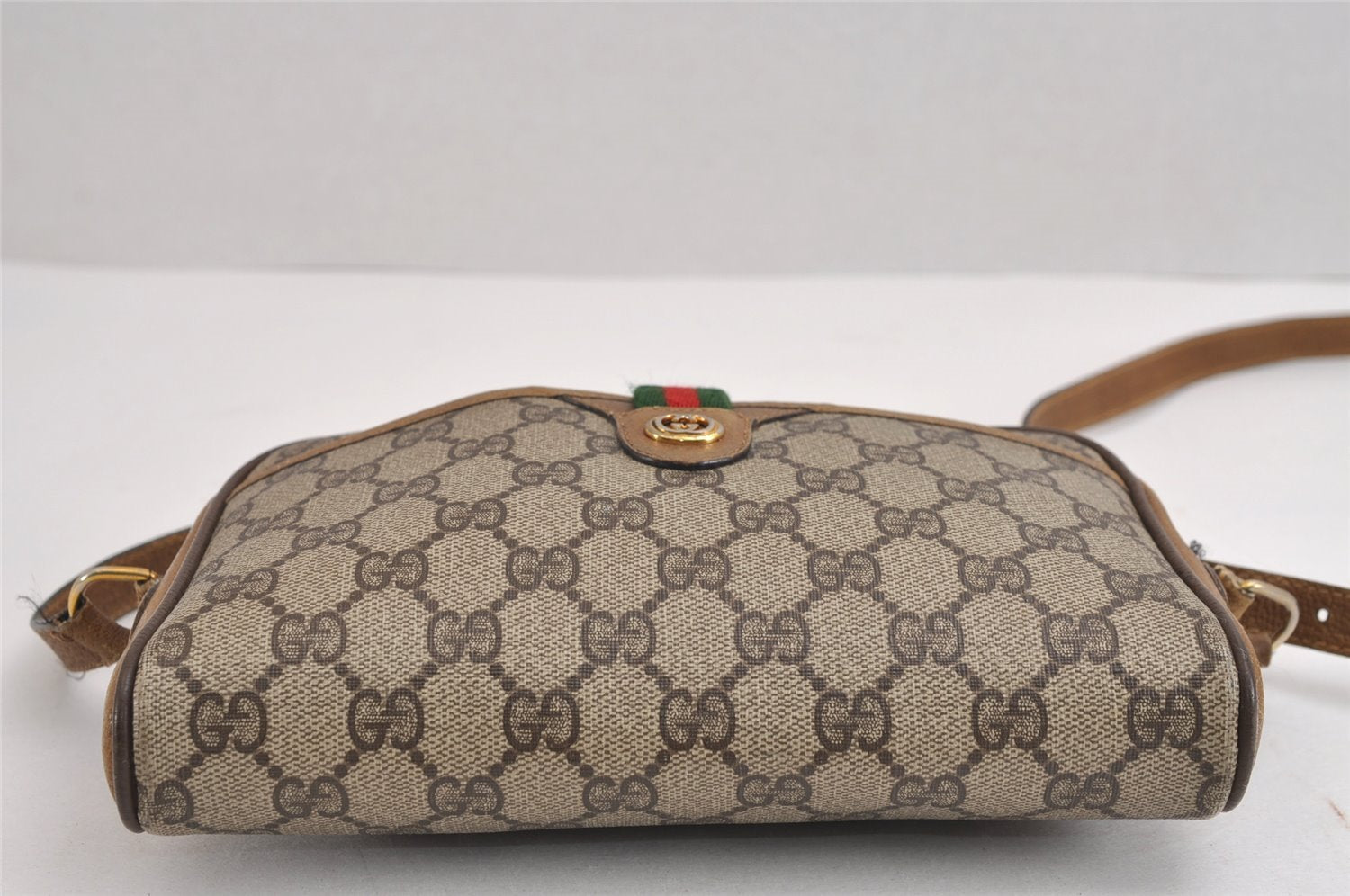 Authentic GUCCI Web Sherry Line Shoulder Cross Bag GG PVC Leather Brown 1541J
