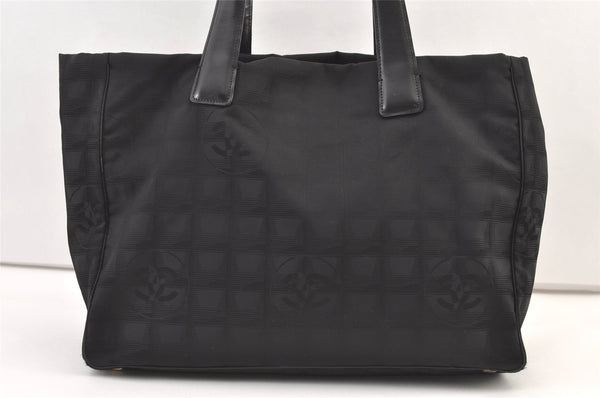 Authentic CHANEL New Travel Line Shoulder Tote Bag Nylon Leather Black 1552K