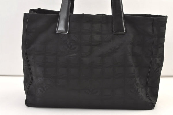 Authentic CHANEL New Travel Line Shoulder Tote Bag Nylon Leather Black 1552K