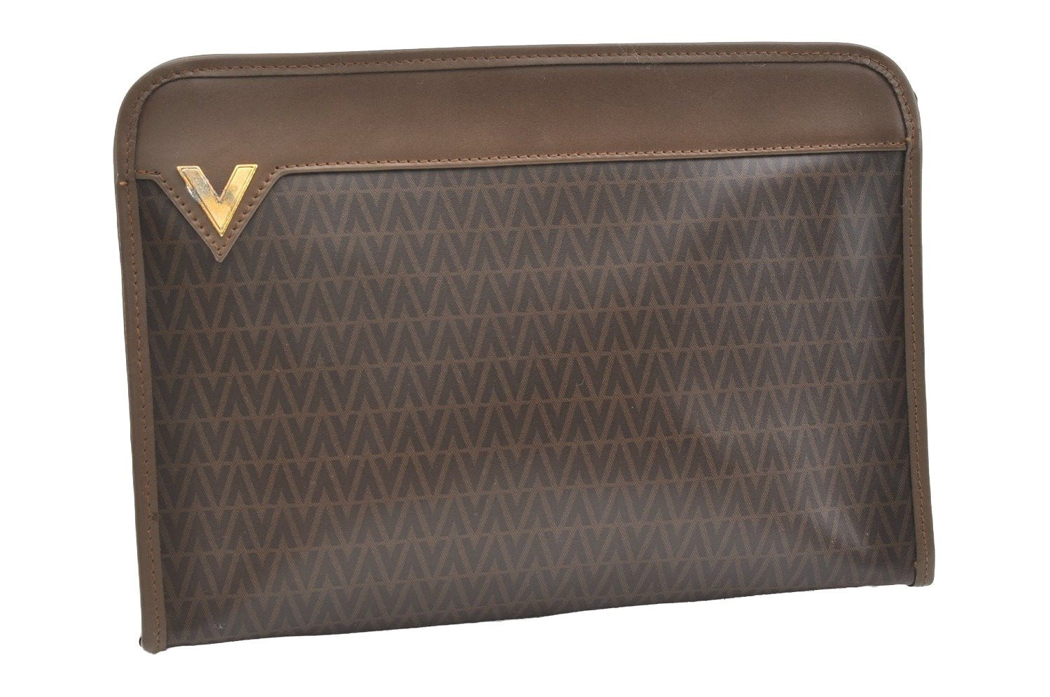 Authentic MARIO VALENTINO V Logo Clutch Hand Bag PVC Leather Brown 1554J
