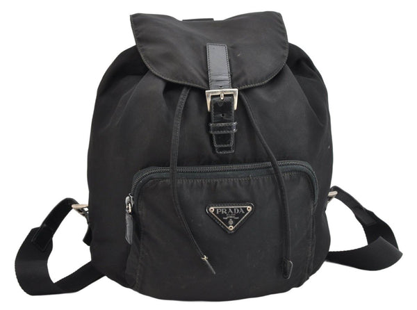 Authentic PRADA Vintage Nylon Leather Drawstring Backpack Black 1555K