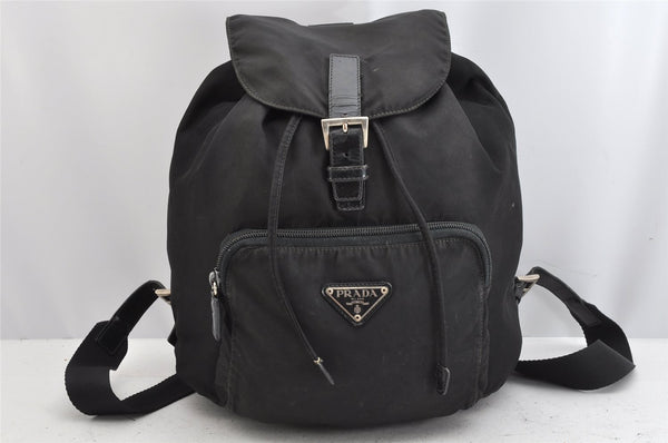 Authentic PRADA Vintage Nylon Leather Drawstring Backpack Black 1555K