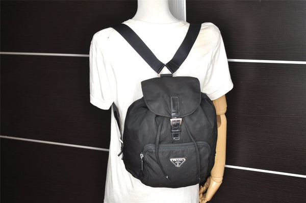 Authentic PRADA Vintage Nylon Leather Drawstring Backpack Black 1555K