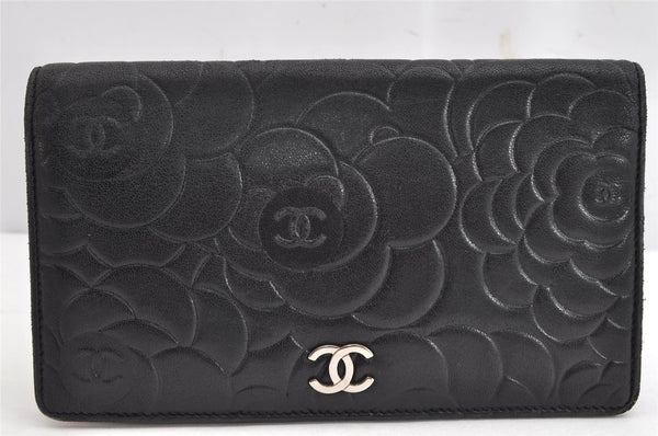 Authentic CHANEL Camellia Lamb Skin CoCo Mark Long Wallet Purse Black 1564K