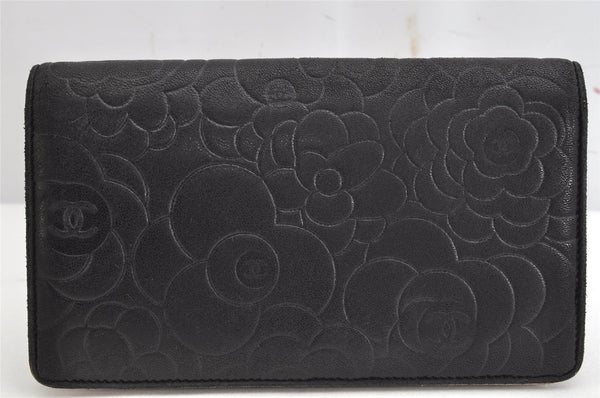 Authentic CHANEL Camellia Lamb Skin CoCo Mark Long Wallet Purse Black 1564K