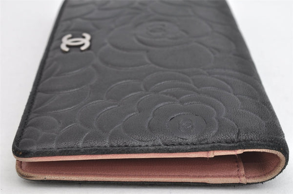 Authentic CHANEL Camellia Lamb Skin CoCo Mark Long Wallet Purse Black 1564K