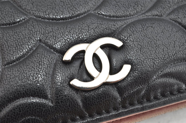 Authentic CHANEL Camellia Lamb Skin CoCo Mark Long Wallet Purse Black 1564K