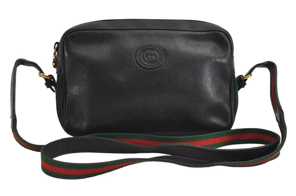 Authentic GUCCI Web Sherry Line Shoulder Cross Body Bag Leather Black 1565J