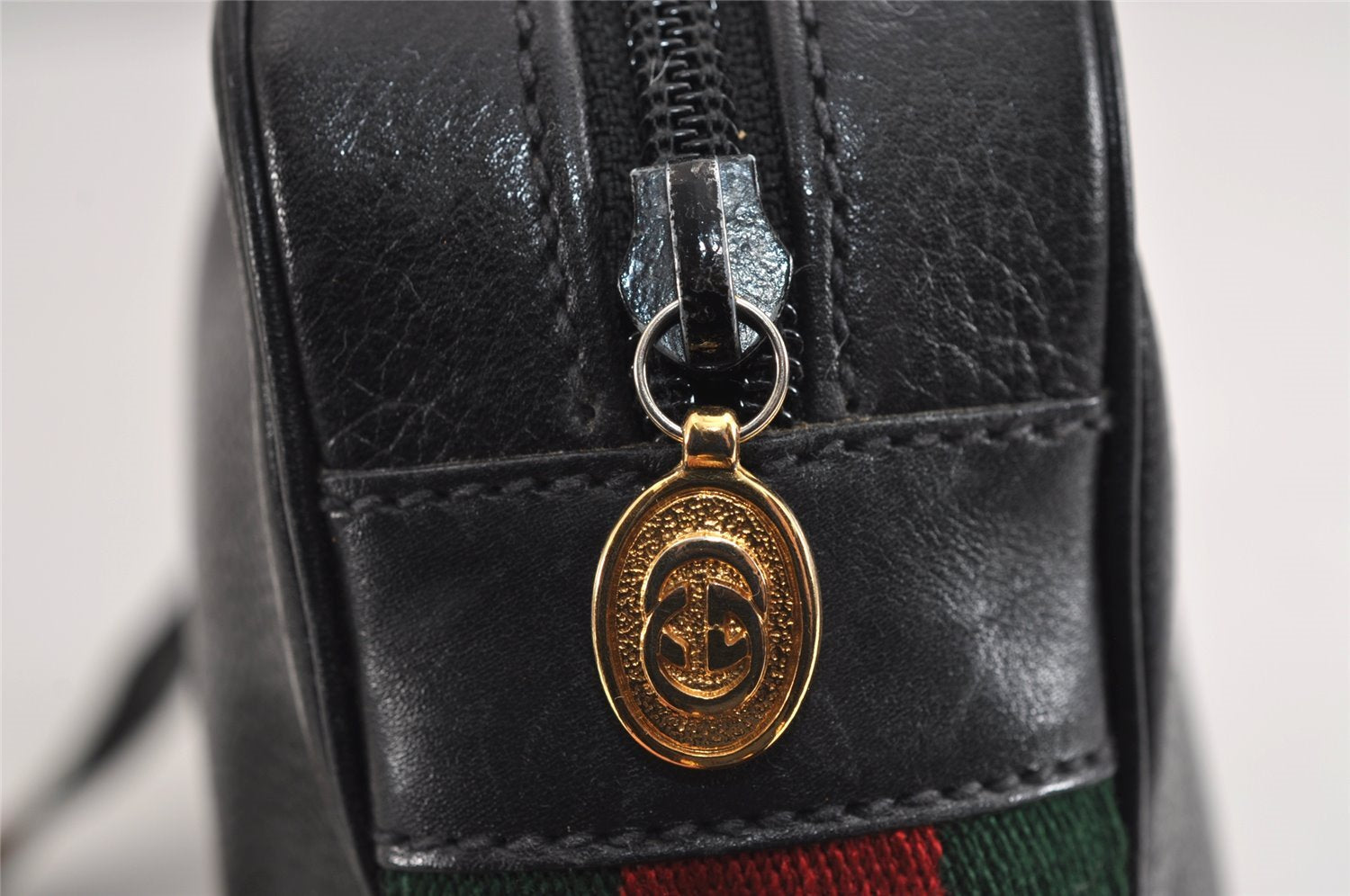 Authentic GUCCI Web Sherry Line Shoulder Cross Body Bag Leather Black 1565J