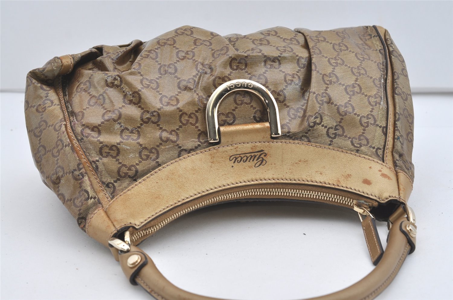 Authentic GUCCI GG Crystal Abbey Shoulder Bag GG PVC Leather 190525 Gold 1576J