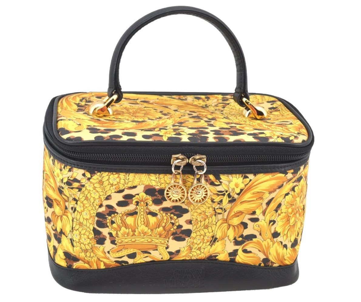 Authentic Gianni Versace Sunburst Flower Vanity Bag PVC Leather Yellow 1579I