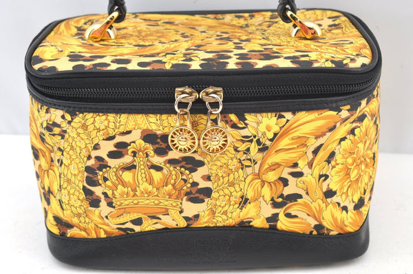 Authentic Gianni Versace Sunburst Flower Vanity Bag PVC Leather Yellow 1579I
