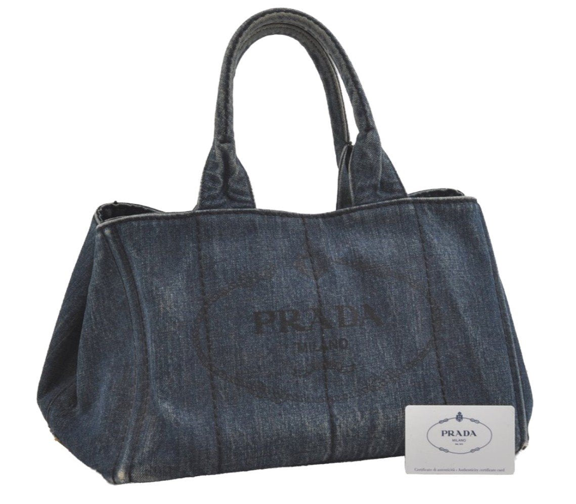 Authentic PRADA Vintage DENIM Canapa M Tote Hand Bag B1877B Blue 1582J