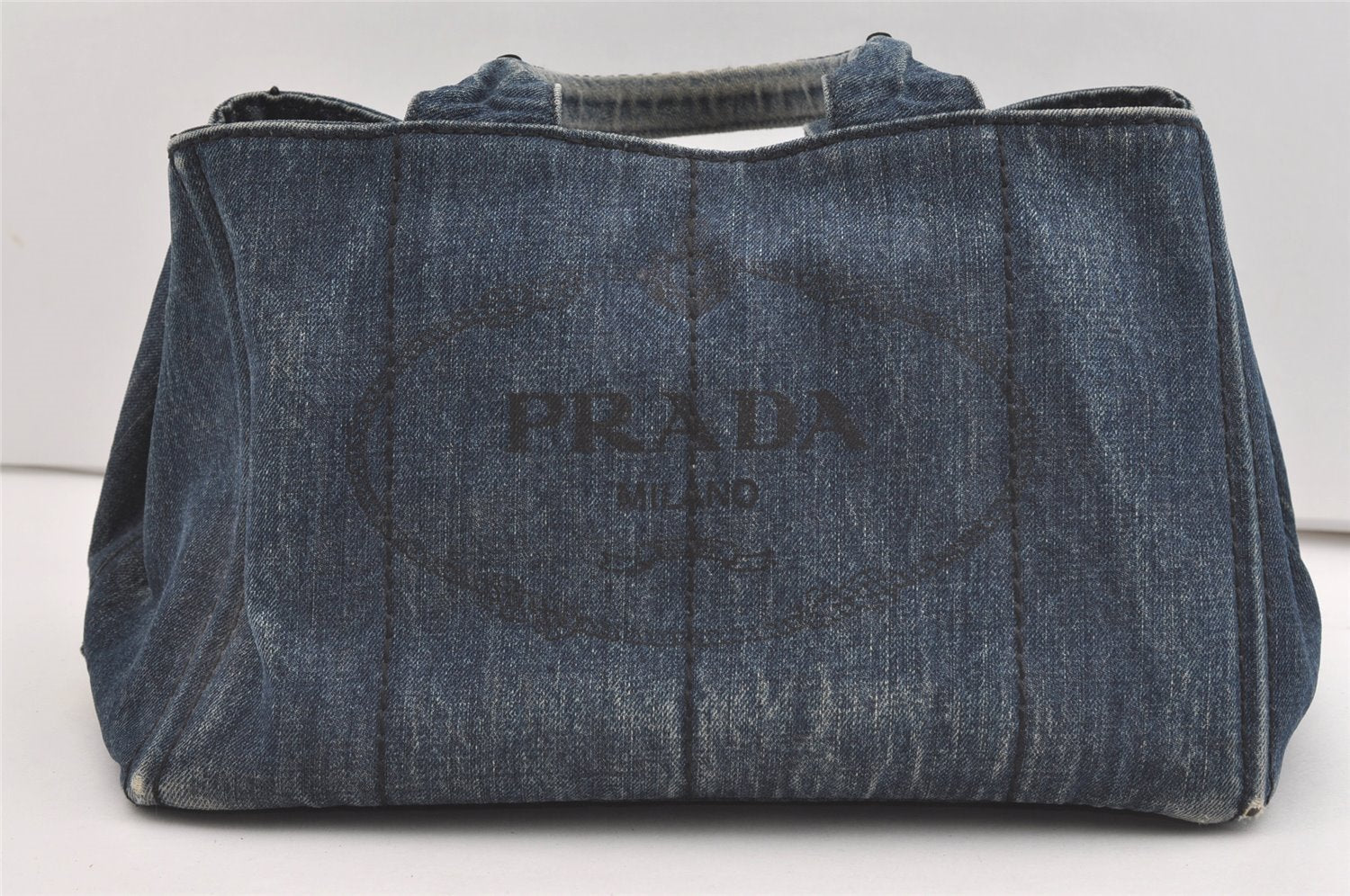 Authentic PRADA Vintage DENIM Canapa M Tote Hand Bag B1877B Blue 1582J