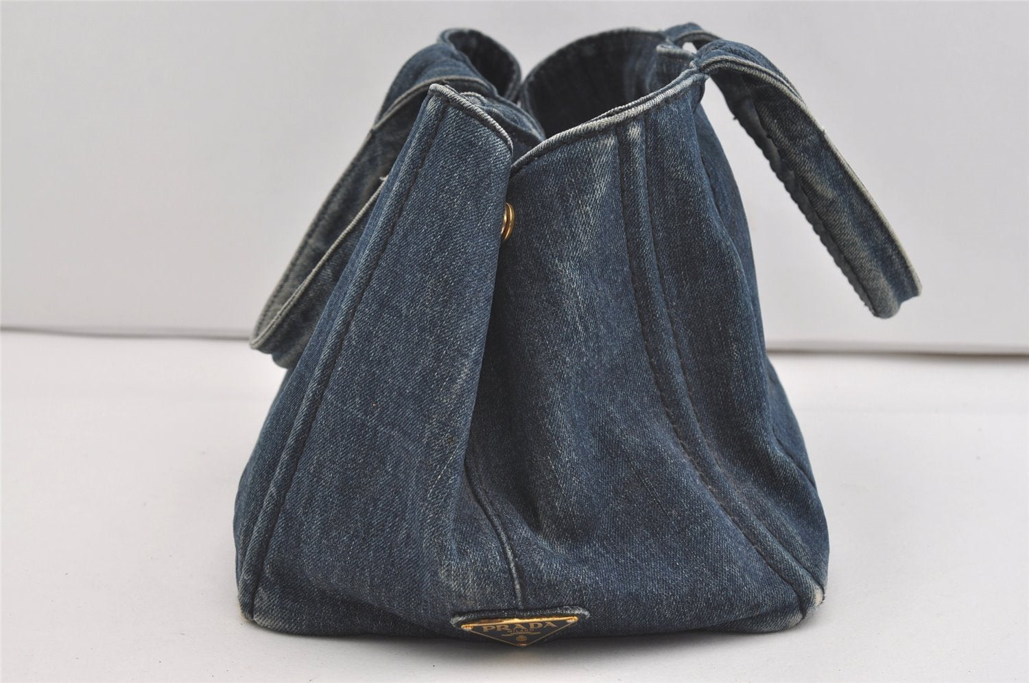 Authentic PRADA Vintage DENIM Canapa M Tote Hand Bag B1877B Blue 1582J