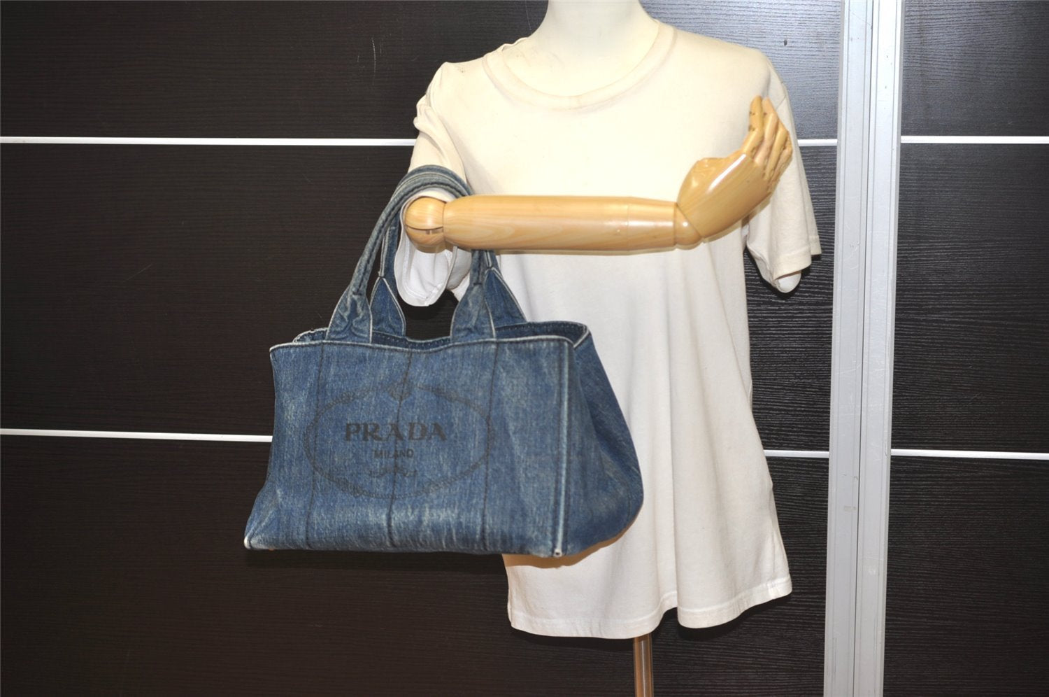 Authentic PRADA Vintage DENIM Canapa M Tote Hand Bag B1877B Blue 1582J