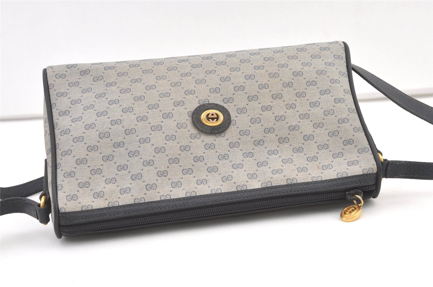 Authentic GUCCI Micro GG PVC Leather Shoulder Cross Body Bag Navy Blue 1583K