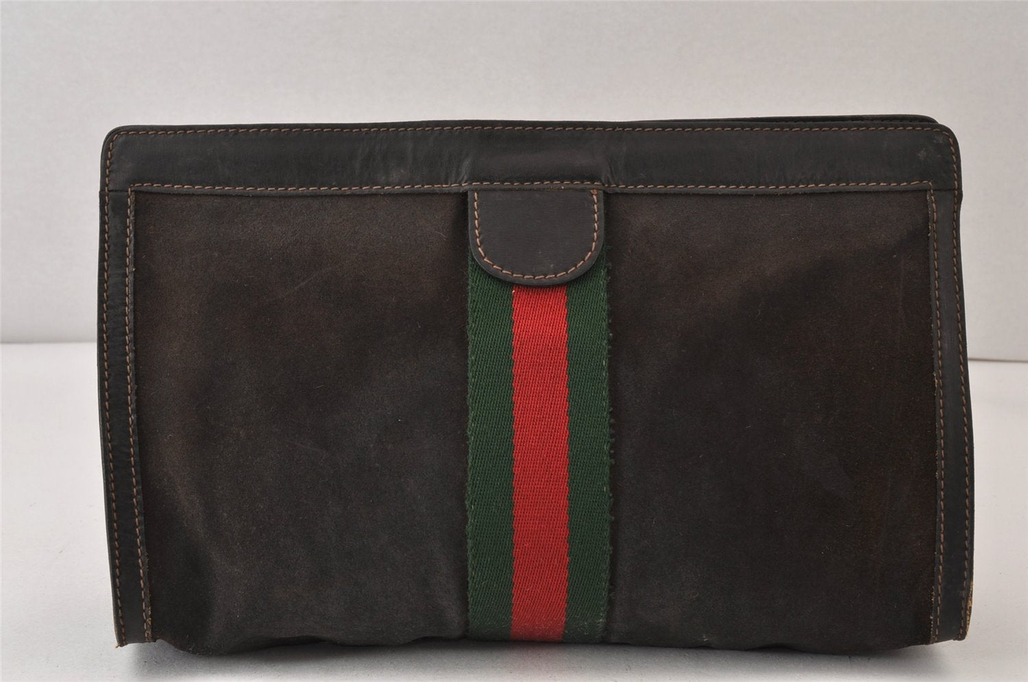 Authentic GUCCI Web Sherry Line Clutch Hand Bag Purse Suede Leather Brown 1584K