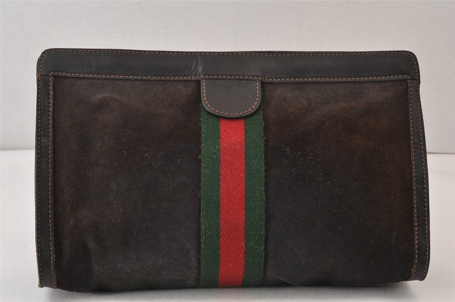 Authentic GUCCI Web Sherry Line Clutch Hand Bag Purse Suede Leather Brown 1584K