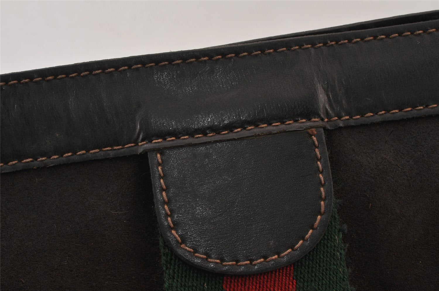 Authentic GUCCI Web Sherry Line Clutch Hand Bag Purse Suede Leather Brown 1584K