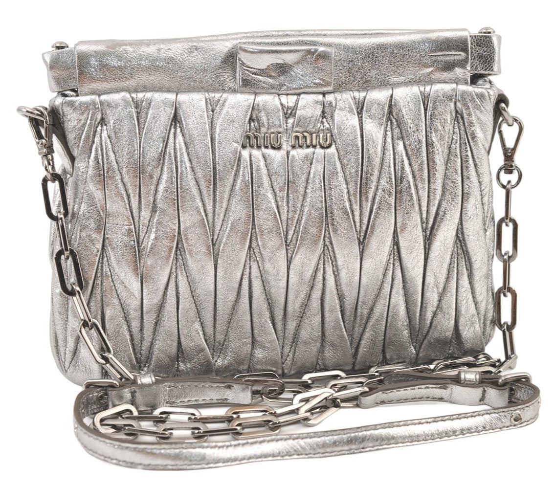 Authentic MIU MIU Matelasse Leather Chain Shoulder Cross Bag Purse Silver 1586K