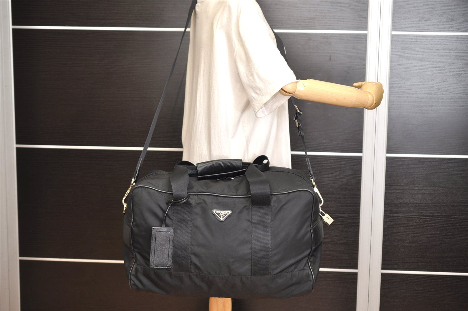 Authentic PRADA Nylon Leather 2Way Travel Boston Bag VS001S Black 1587K