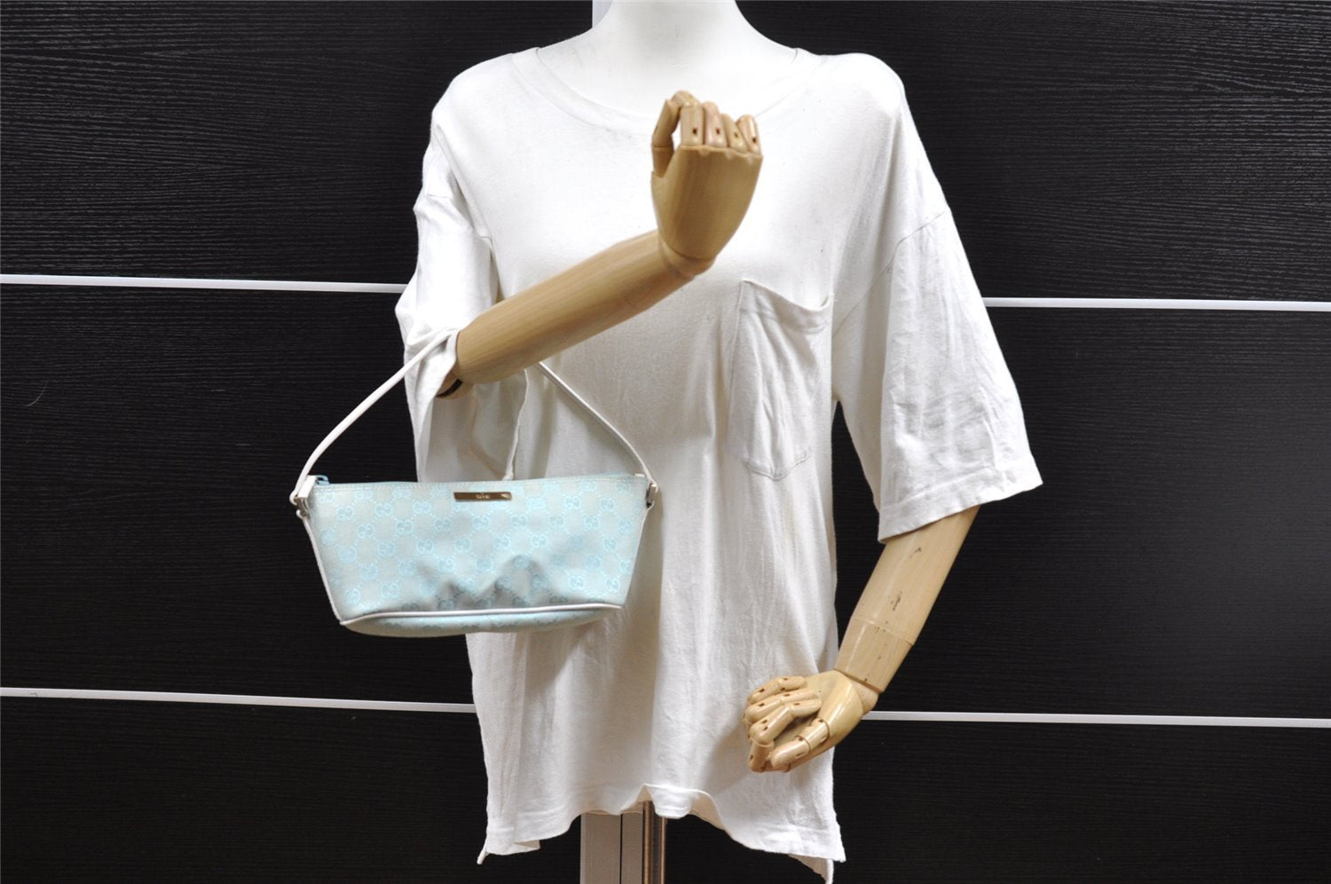 Authentic GUCCI Hand Bag Pouch Purse GG Canvas Leather 0391103 Blue 1588I