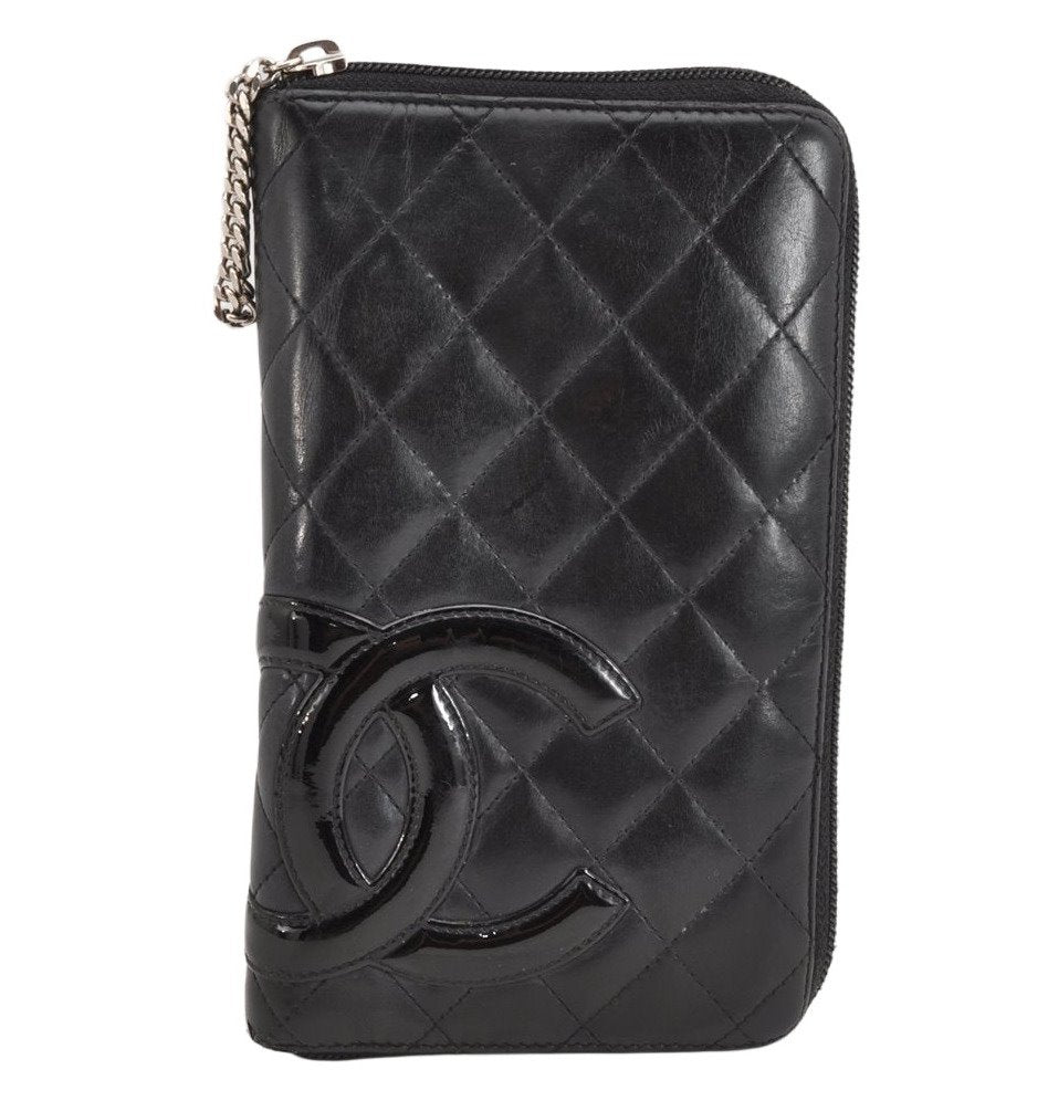 Authentic CHANEL Calf Skin Cambon Line CC Logo Long Wallet Purse Black 1591K