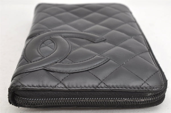 Authentic CHANEL Calf Skin Cambon Line CC Logo Long Wallet Purse Black 1591K