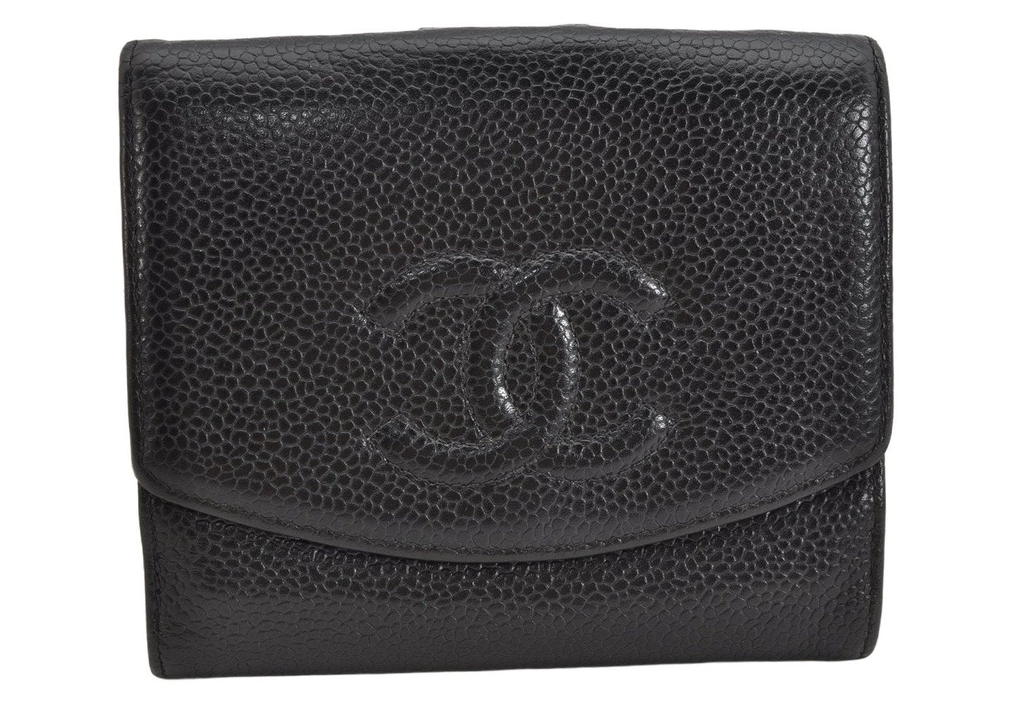 Authentic CHANEL Vintage Caviar Skin CC Logo Bifold Wallet Purse Black 1592K