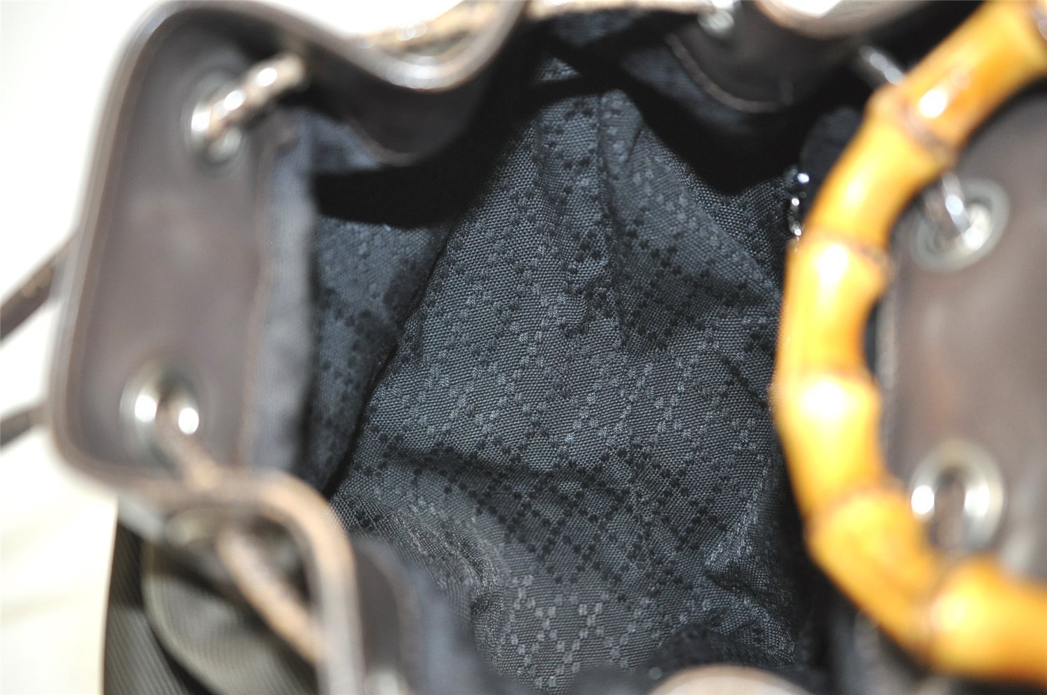 Authentic GUCCI Bamboo Shoulder Hand Bag Nylon Leather Khaki Green Brown 1594I