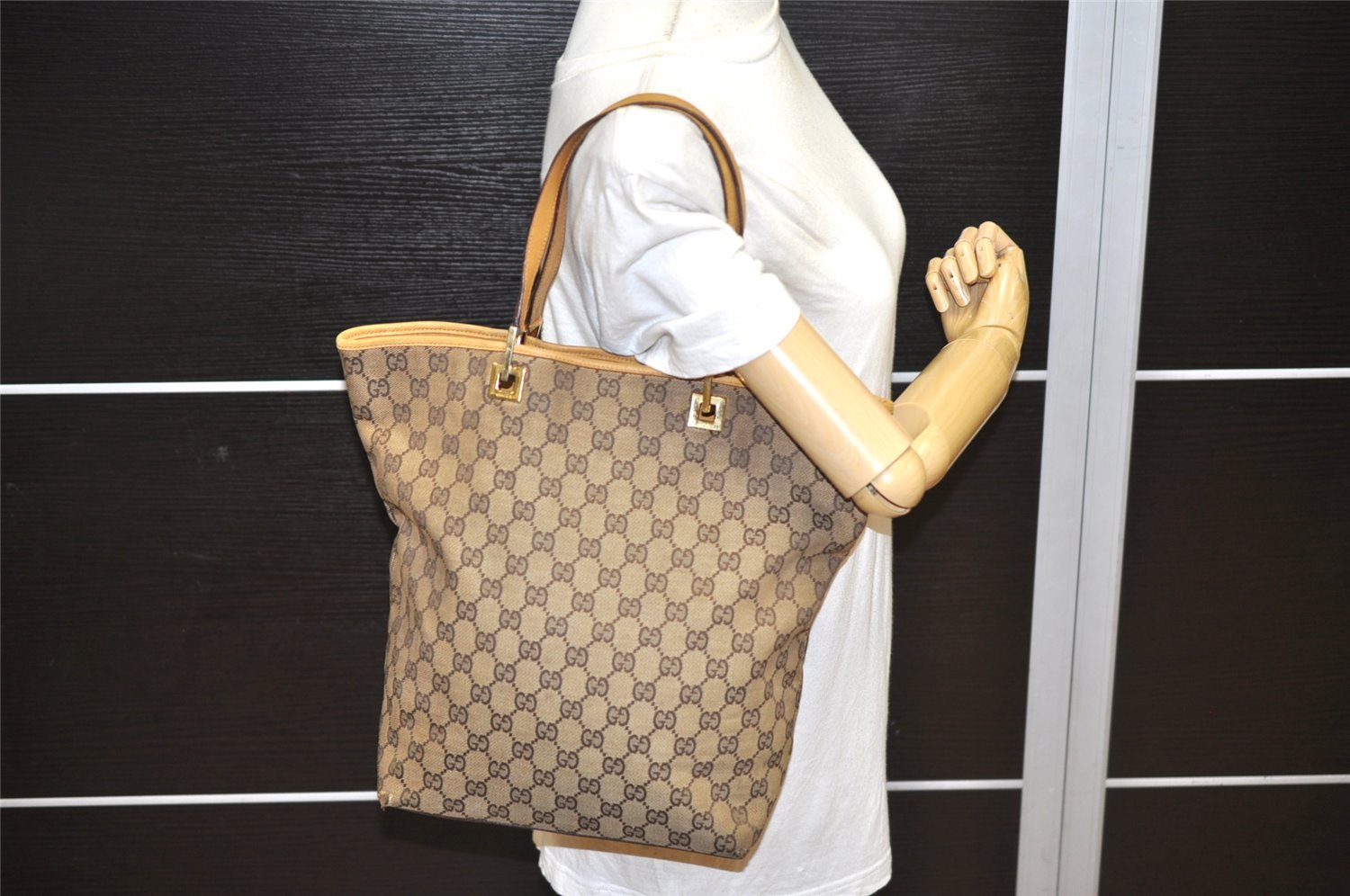 Authentic GUCCI Shoulder Tote Bag GG Canvas Leather 0021098 Brown Junk 1595K