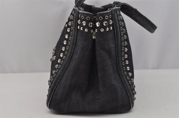 Authentic PRADA Canapa SS Bijou Denim 2Way Shoulder Hand Bag Black 1605J