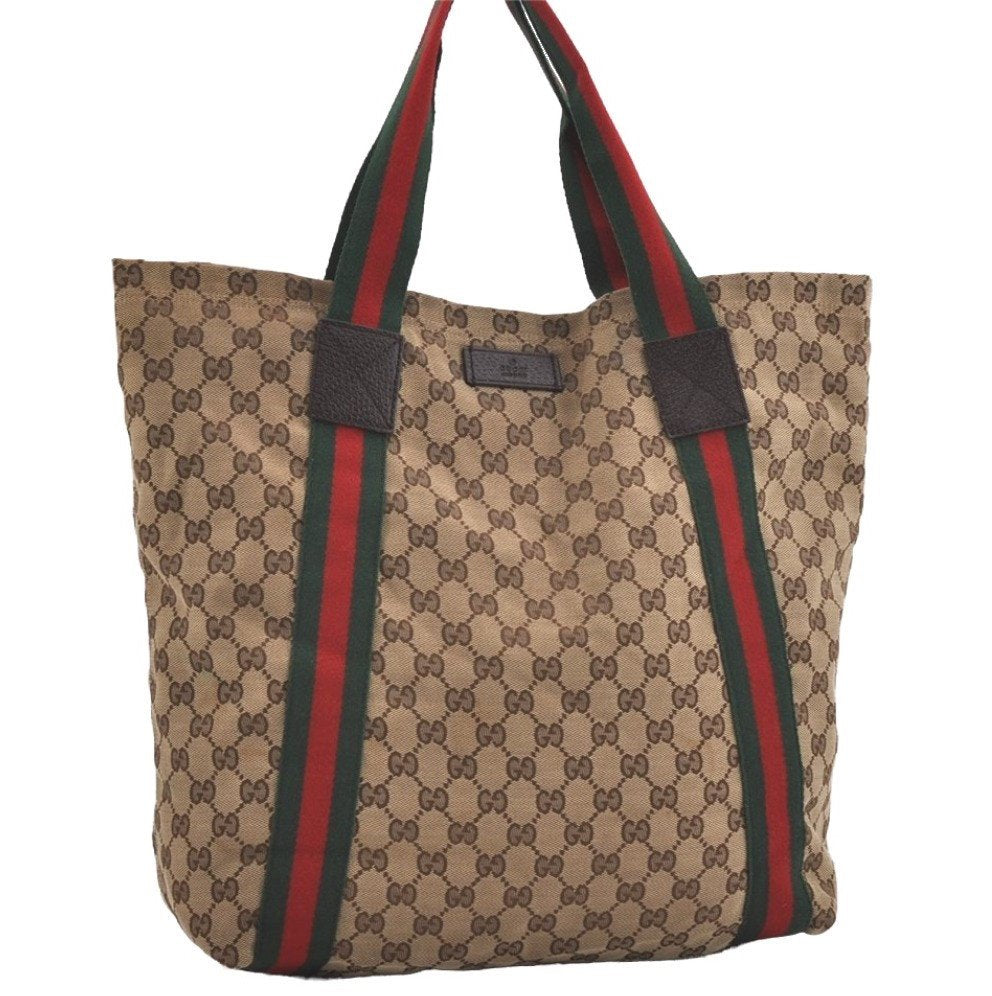 Authentic GUCCI Web Sherry Line Tote Bag GG Canvas Leather 189669 Brown 1606J