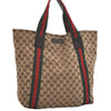 Authentic GUCCI Web Sherry Line Tote Bag GG Canvas Leather 189669 Brown 1606J