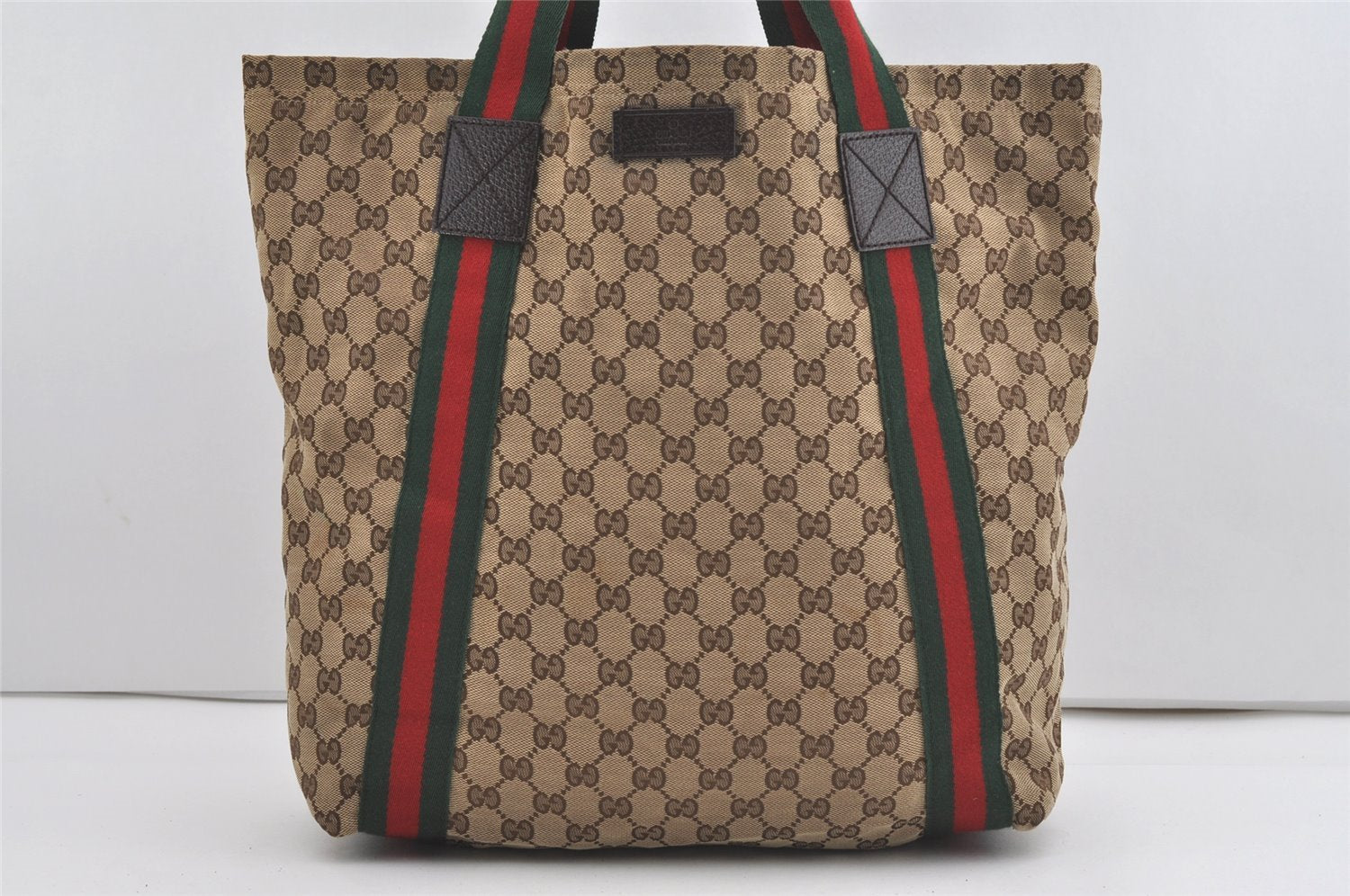 Authentic GUCCI Web Sherry Line Tote Bag GG Canvas Leather 189669 Brown 1606J
