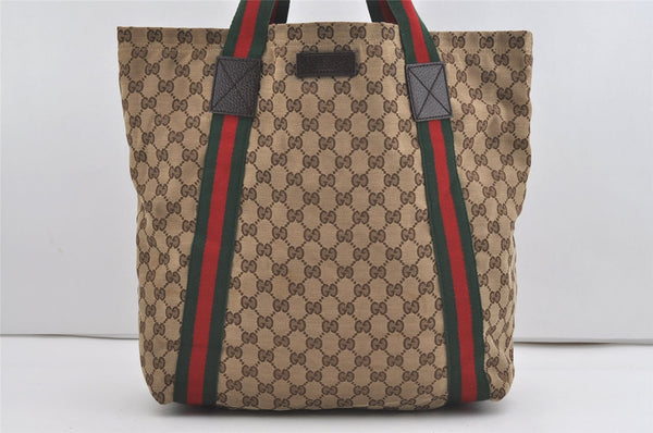 Authentic GUCCI Web Sherry Line Tote Bag GG Canvas Leather 189669 Brown 1606J