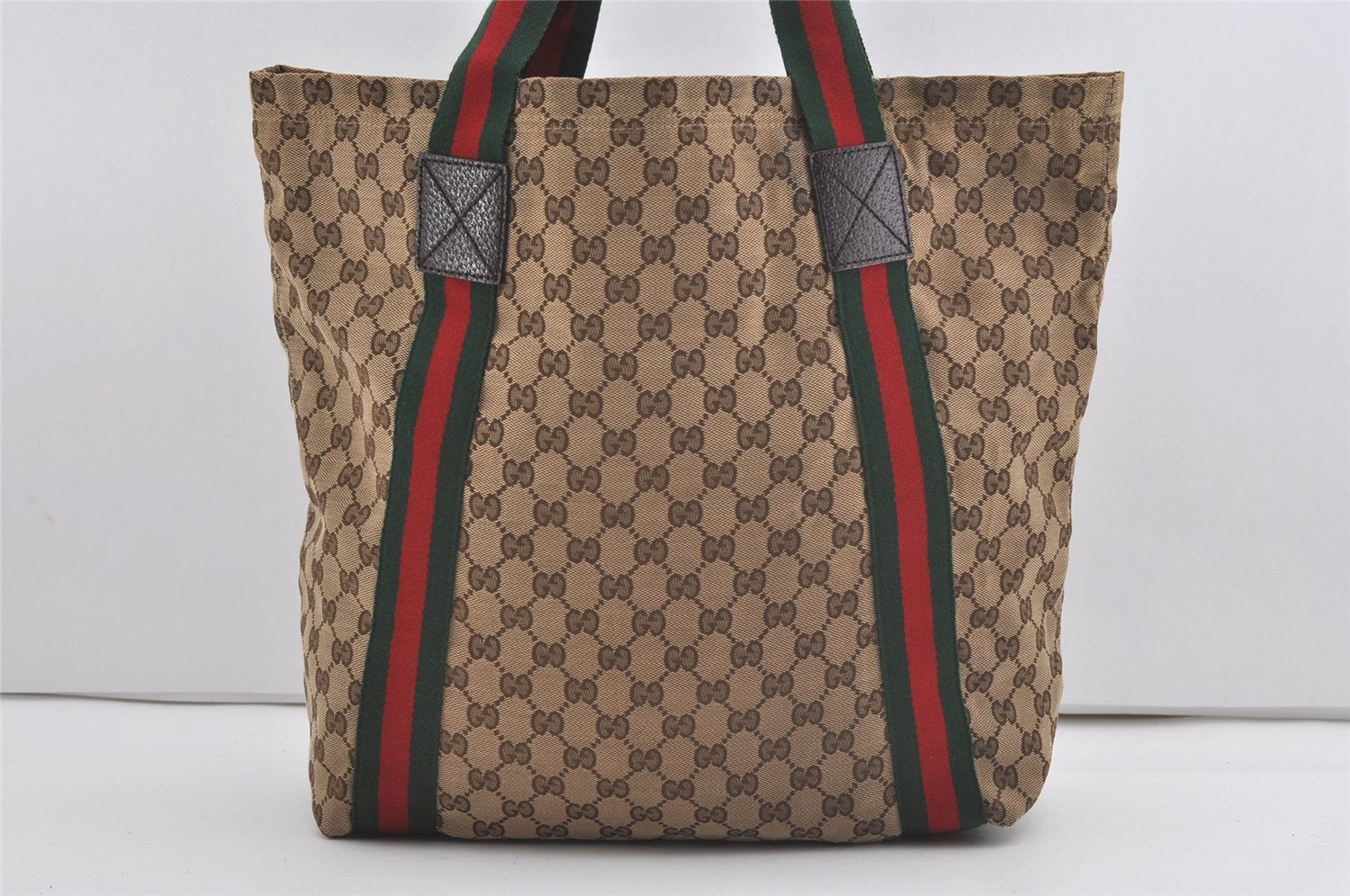 Authentic GUCCI Web Sherry Line Tote Bag GG Canvas Leather 189669 Brown 1606J