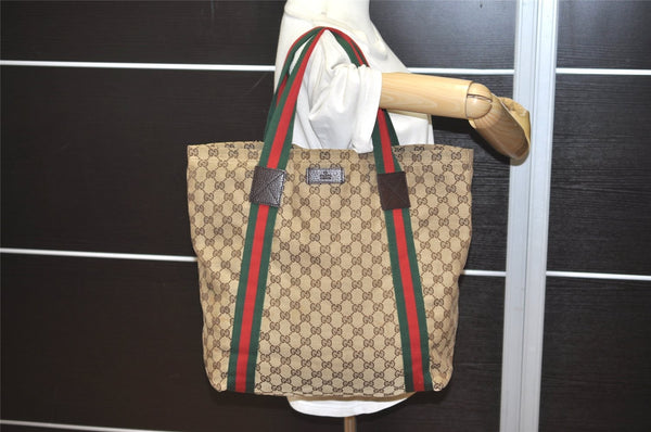 Authentic GUCCI Web Sherry Line Tote Bag GG Canvas Leather 189669 Brown 1606J