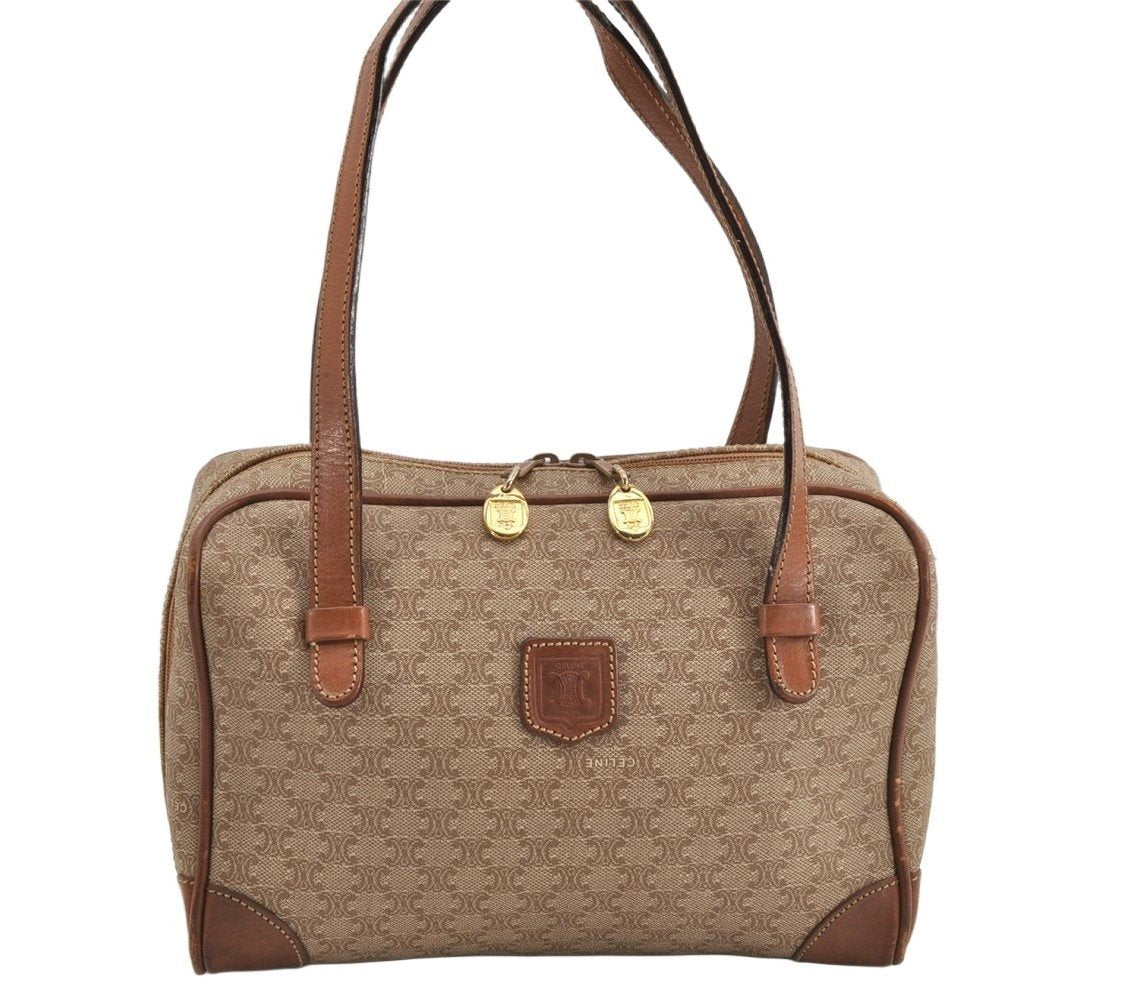 Authentic CELINE Macadam Blason Shoulder Hand Bag Purse PVC Leather Beige 1608K