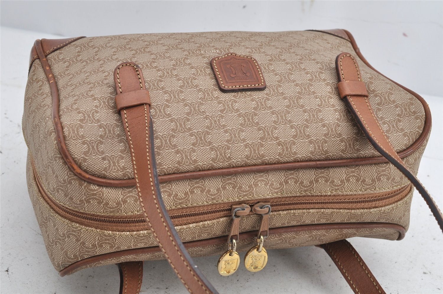 Authentic CELINE Macadam Blason Shoulder Hand Bag Purse PVC Leather Beige 1608K