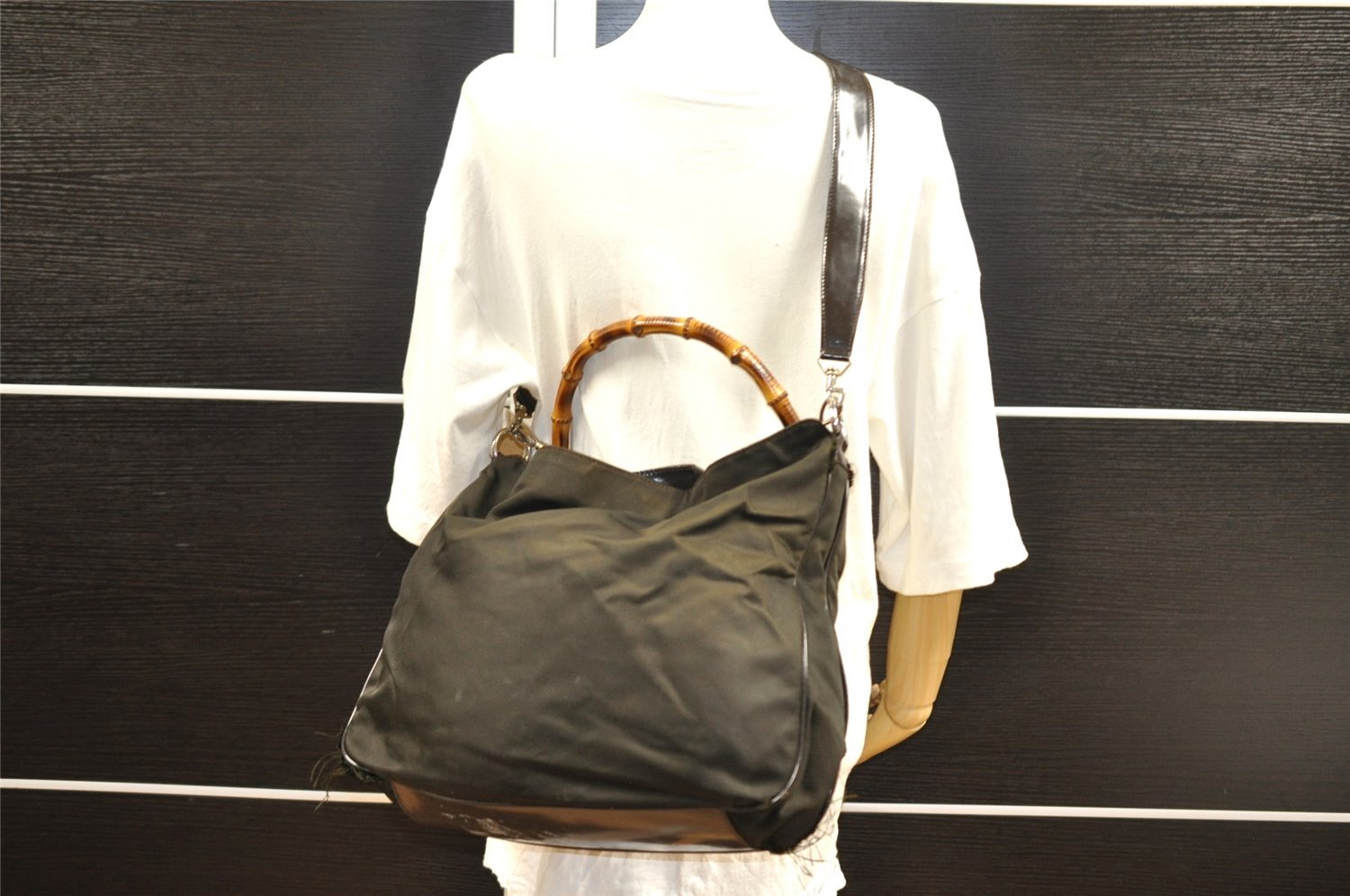 Authentic GUCCI Vintage Bamboo 2Way Shoulder Tote Bag Nylon Leather Brown 1609I