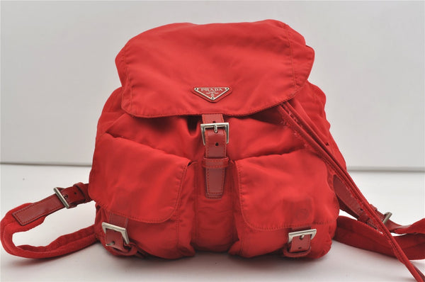 Authentic PRADA Vintage Nylon Tessuto Leather Drawstring Backpack Red 1610J