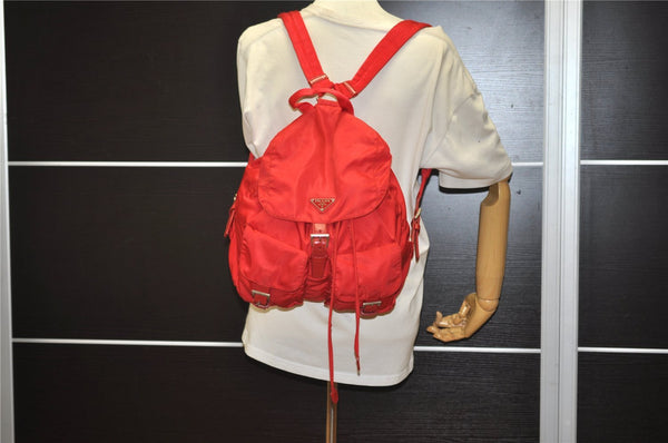 Authentic PRADA Vintage Nylon Tessuto Leather Drawstring Backpack Red 1610J