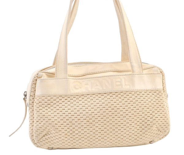 Authentic CHANEL Cotton Leather CC Logo Hand Boston Bag Purse White Cream 1619K