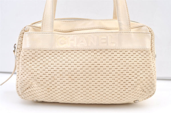 Authentic CHANEL Cotton Leather CC Logo Hand Boston Bag Purse White Cream 1619K