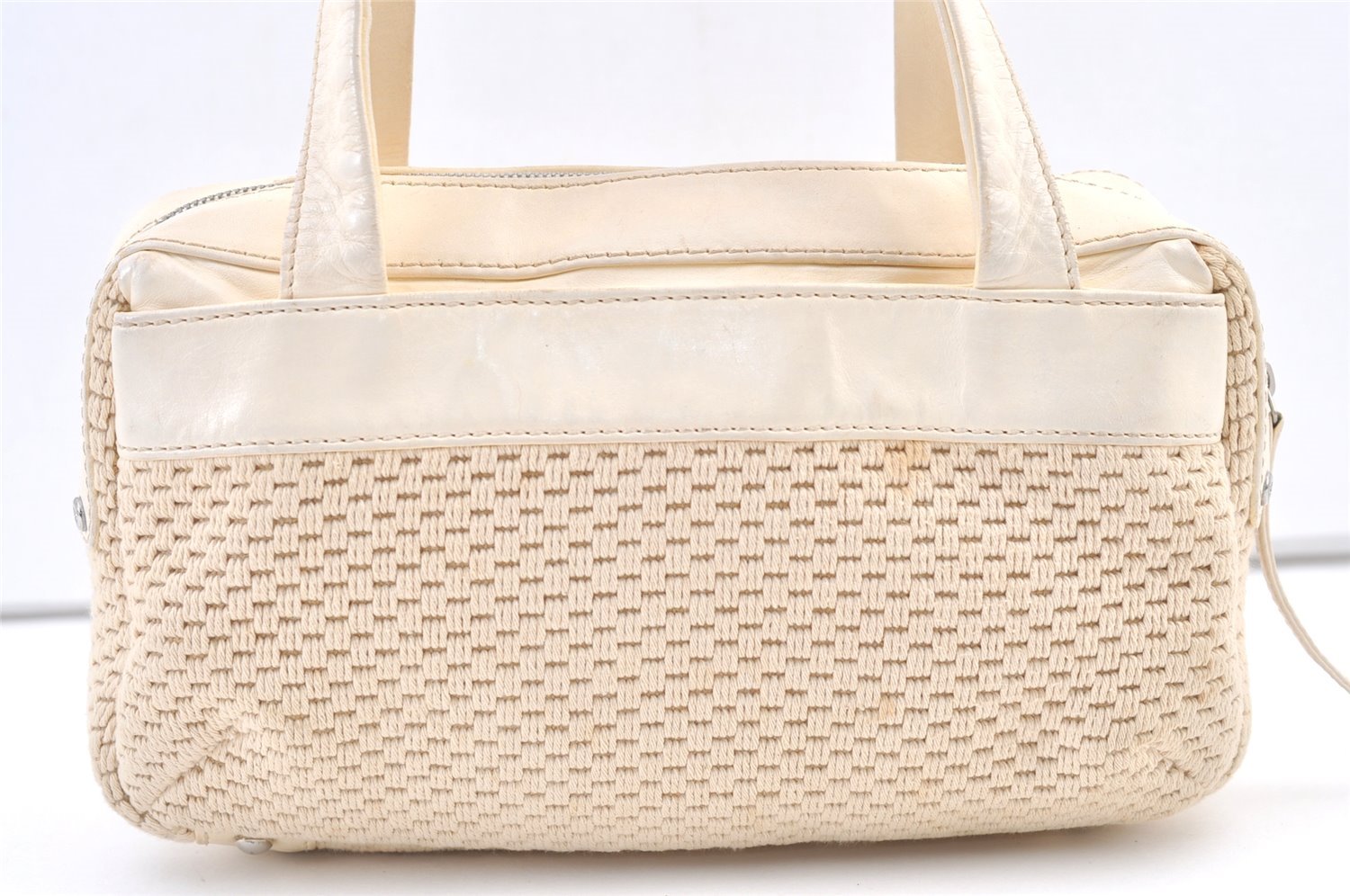 Authentic CHANEL Cotton Leather CC Logo Hand Boston Bag Purse White Cream 1619K